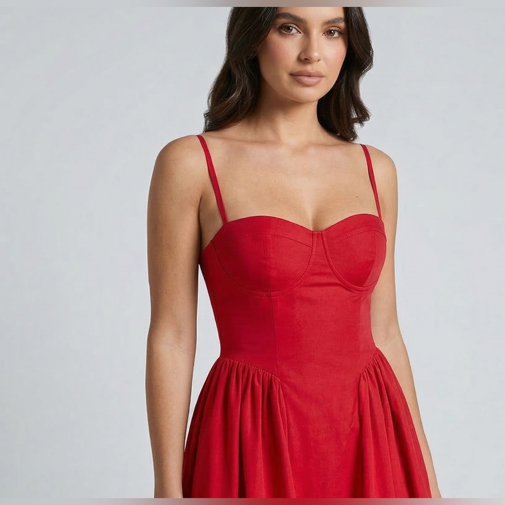 Elegant Corset-Style Midi Dress in Red - Picture 2 of 8